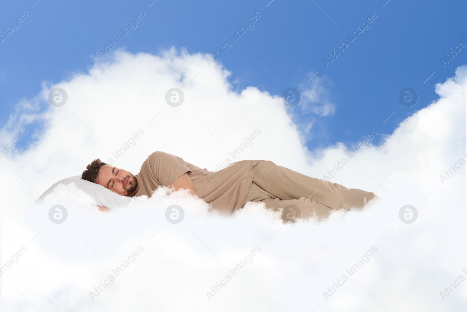 Man sleeping on fluffy cloud in blue sky. Bedtime Image of Man sleeping on fluffy cloud in blue sky. Bedtime