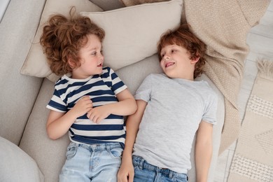 Photo of Cute little brothers laying together on sofa, above view