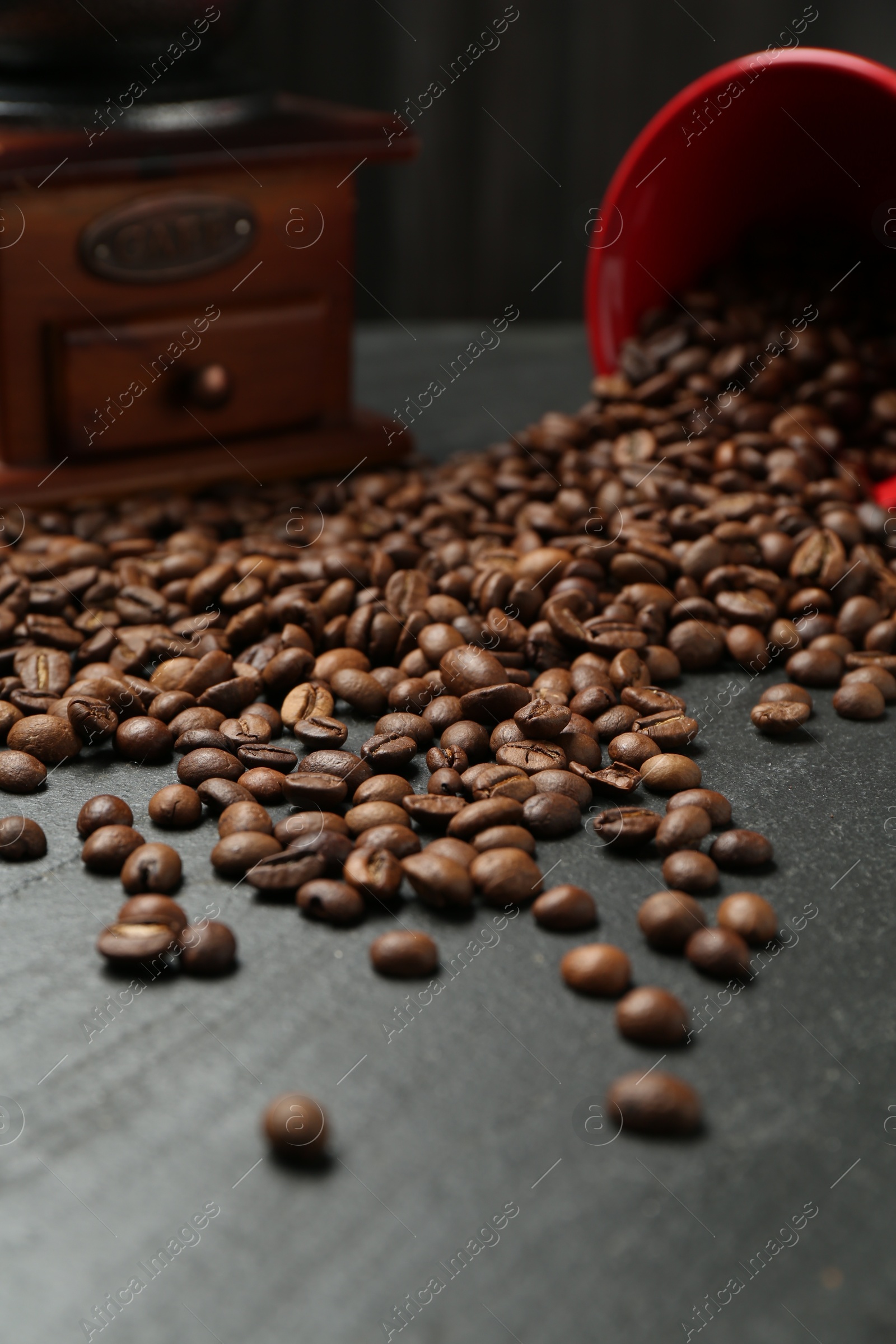 Aromatic coffee beans and grinder on black table, closeup Photo of Aromatic coffee beans and grinder on black table, closeup