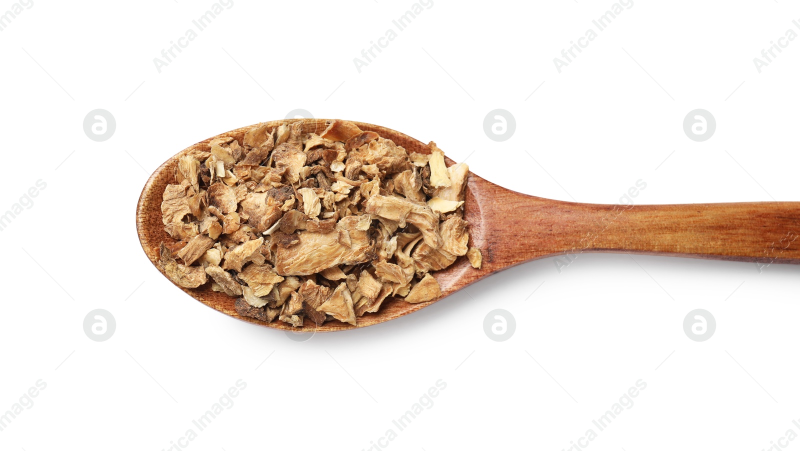 Pieces of dry chicory roots in spoon isolated on white, top view Photo of Pieces of dry chicory roots in spoon isolated on white, top view