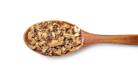 Photo of Pieces of dry chicory roots in spoon isolated on white, top view