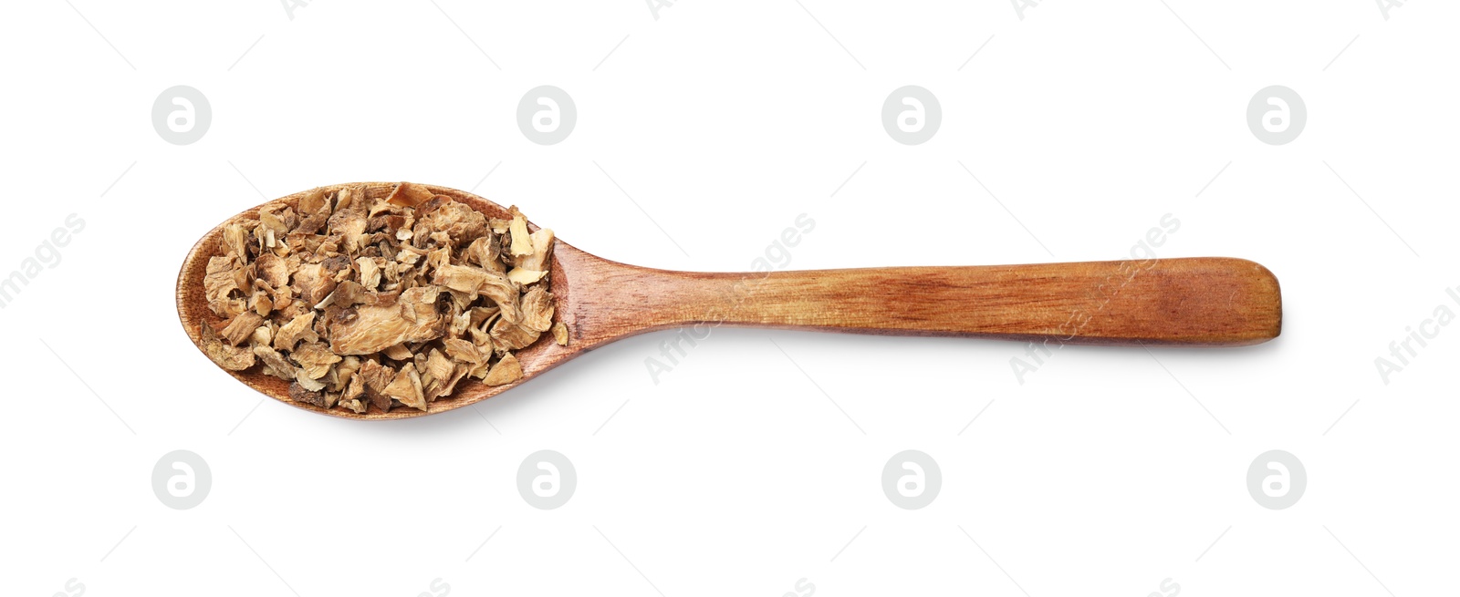 Pieces of dry chicory roots in spoon isolated on white, top view Photo of Pieces of dry chicory roots in spoon isolated on white, top view