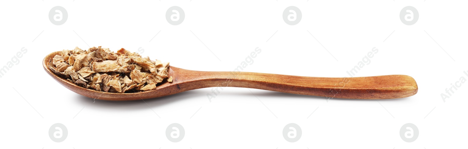 Pieces of dry chicory roots in spoon isolated on white Photo of Pieces of dry chicory roots in spoon isolated on white