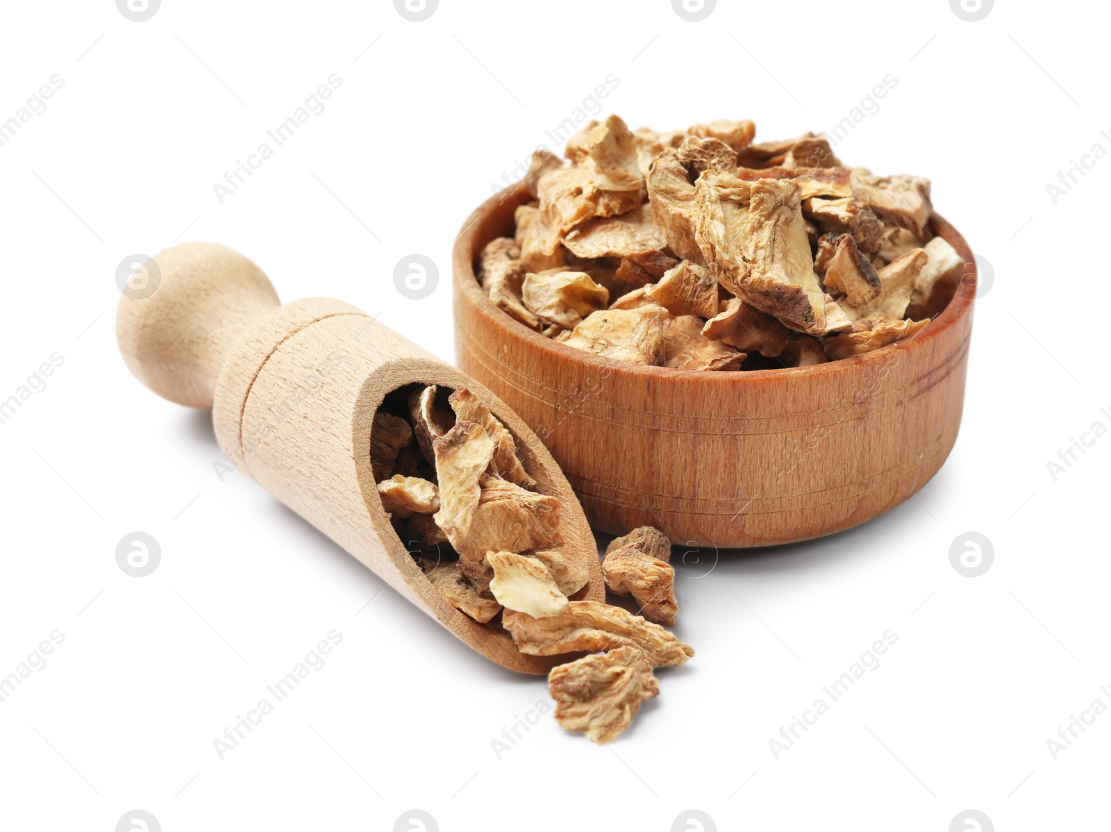 Pieces of dry chicory roots in bowl and scoop isolated on white Photo of Pieces of dry chicory roots in bowl and scoop isolated on white
