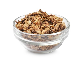 Photo of Pieces of dry chicory roots in bowl isolated on white