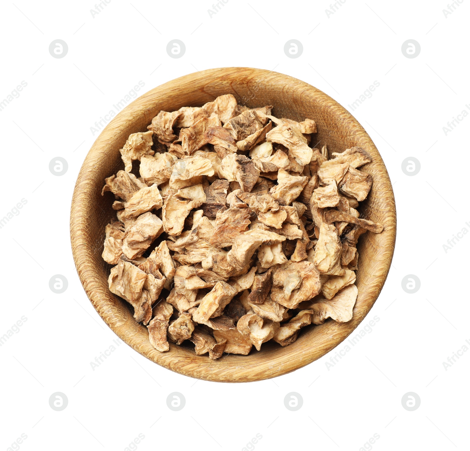 Pieces of dry chicory roots in bowl isolated on white, top view Photo of Pieces of dry chicory roots in bowl isolated on white, top view