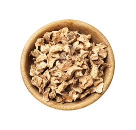 Photo of Pieces of dry chicory roots in bowl isolated on white, top view