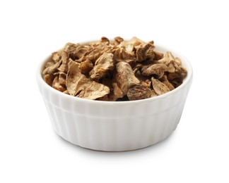 Photo of Pieces of dry chicory roots in bowl isolated on white