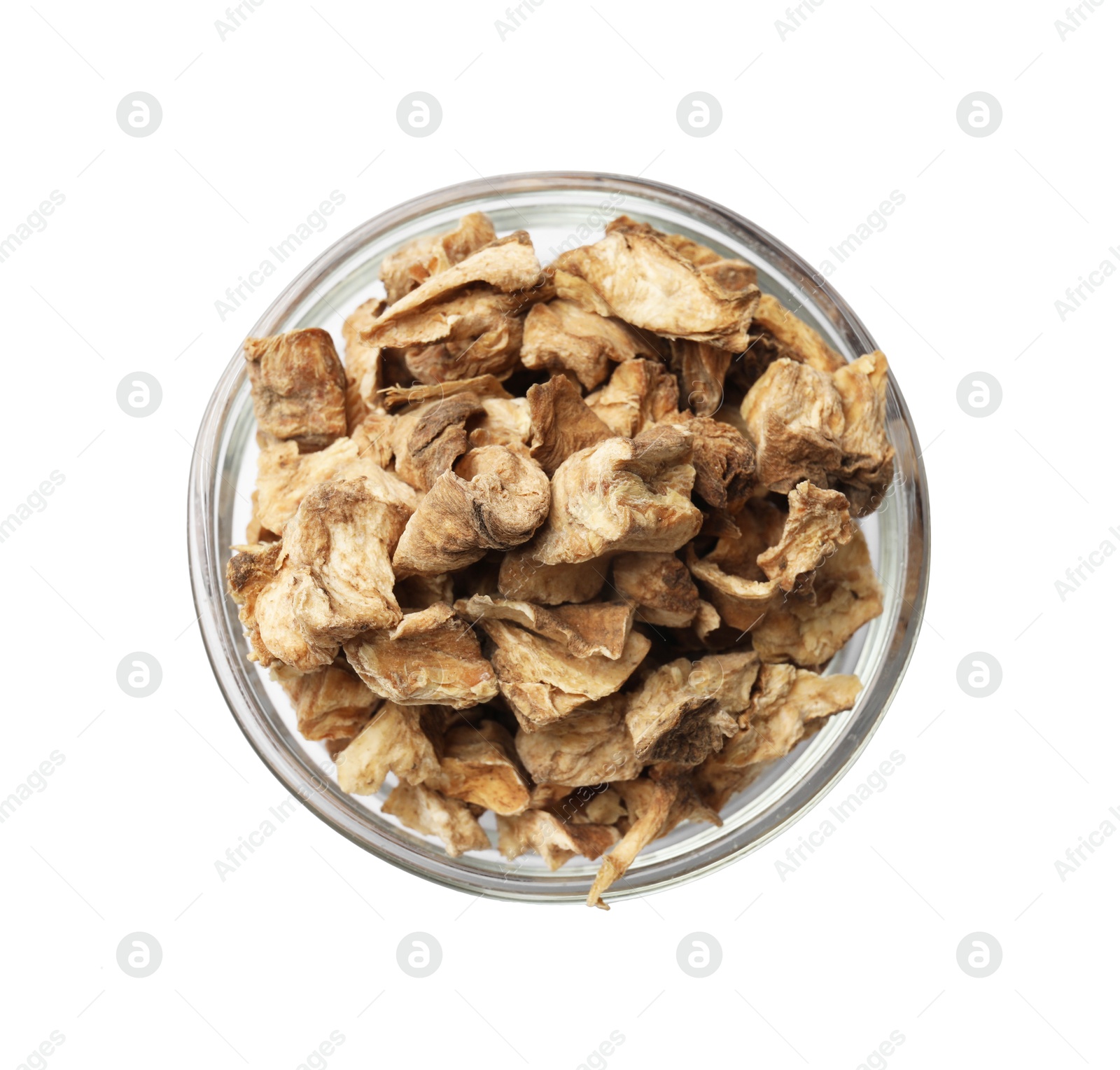 Pieces of dry chicory roots in bowl isolated on white, top view Photo of Pieces of dry chicory roots in bowl isolated on white, top view