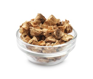 Photo of Pieces of dry chicory roots in bowl isolated on white