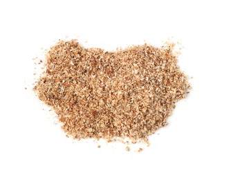 Photo of Pile of nutmeg powder isolated on white