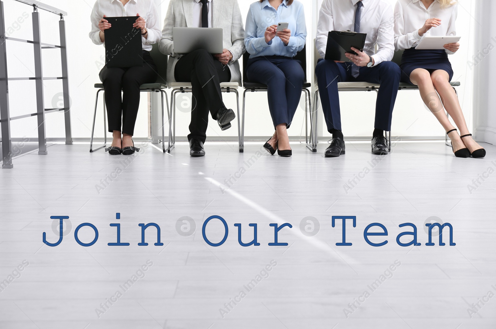 Join Our Team. People waiting for job interview in office hall, closeup. Recruitment, human resource concept Image of Join Our Team. People waiting for job interview in office hall, closeup. Recruitment, human resource concept