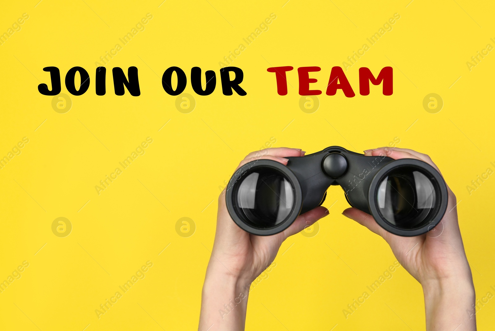 Join Our Team. Woman holding binoculars on yellow background, closeup. Recruitment, human resource concept Image of Join Our Team. Woman holding binoculars on yellow background, closeup. Recruitment, human resource concept
