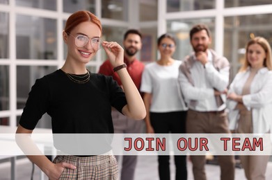 Image of Join Our Team. Portrait of happy businesswoman and her team in office. Recruitment concept