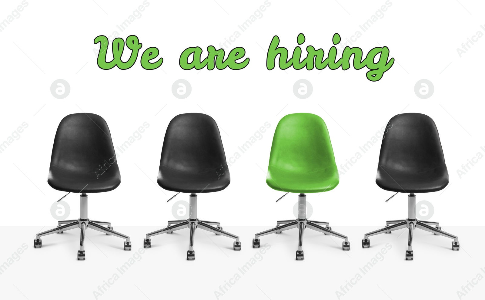 We Are Hiring. Empty green office chair among black ones on white background. Recruitment, human resource concept Image of We Are Hiring. Empty green office chair among black ones on white background. Recruitment, human resource concept