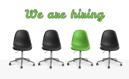Image of We Are Hiring. Empty green office chair among black ones on white background. Recruitment, human resource concept