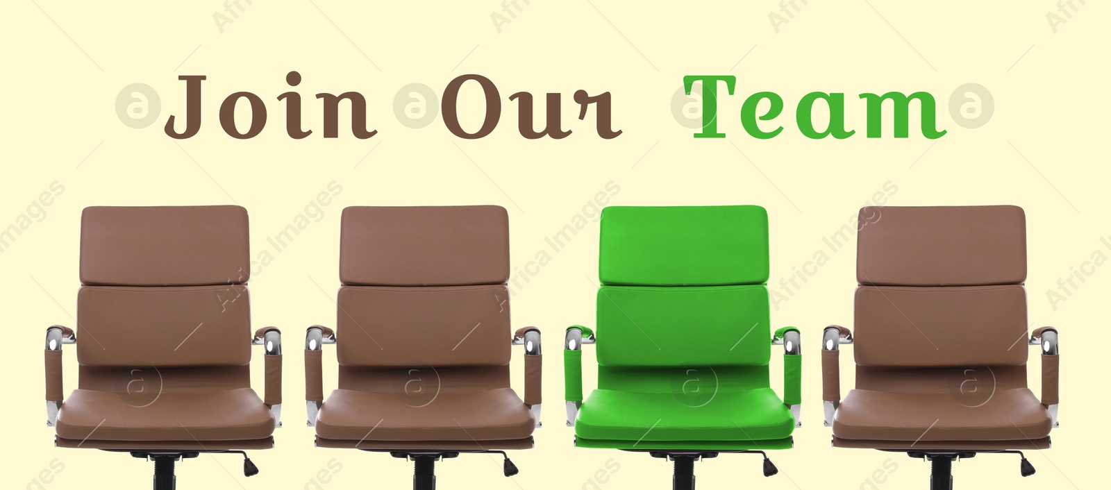 Join Our Team. Empty green office chair among brown ones on beige background, banner design. Recruitment, human resource concept Image of Join Our Team. Empty green office chair among brown ones on beige background, banner design. Recruitment, human resource concept