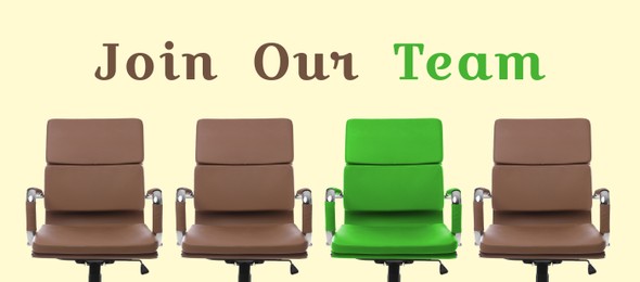 Image of Join Our Team. Empty green office chair among brown ones on beige background, banner design. Recruitment, human resource concept