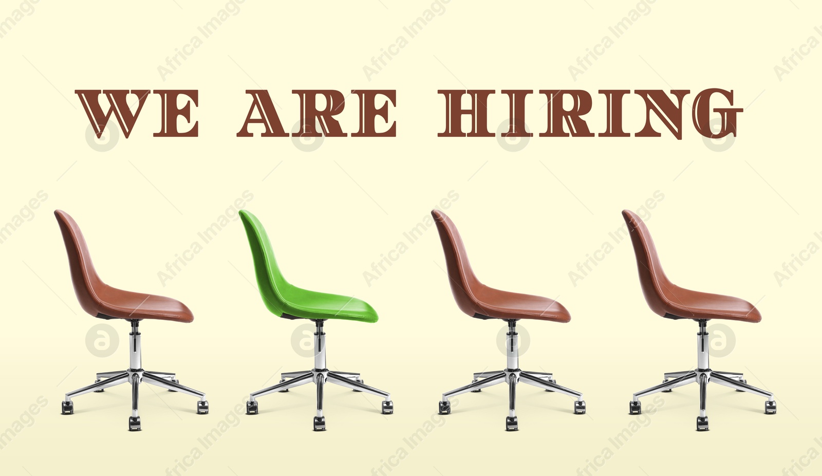 We Are Hiring. Empty green office chair among brown ones on beige background, banner design. Recruitment, human resource concept Image of We Are Hiring. Empty green office chair among brown ones on beige background, banner design. Recruitment, human resource concept