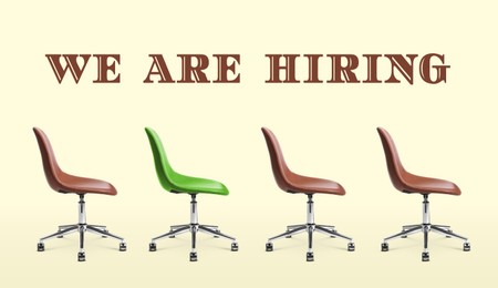 Image of We Are Hiring. Empty green office chair among brown ones on beige background, banner design. Recruitment, human resource concept