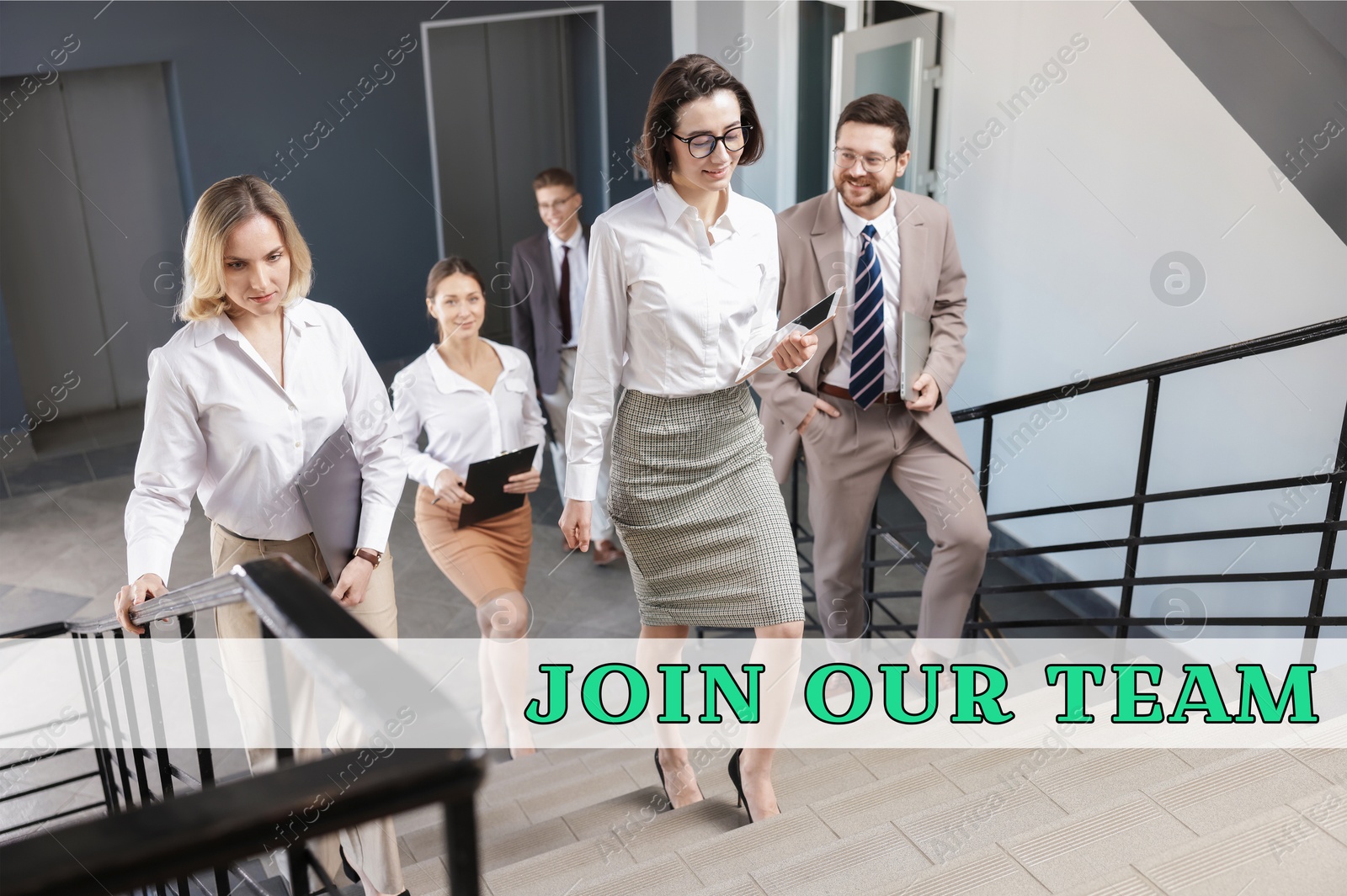 Join Our Team. Group of coworkers walking up stairs in office. Recruitment, human resource concept Image of Join Our Team. Group of coworkers walking up stairs in office. Recruitment, human resource concept
