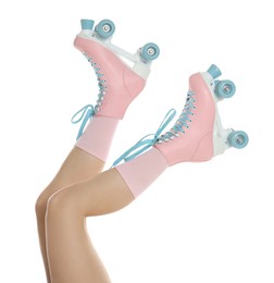 Photo of Woman in roller skates on white background, closeup