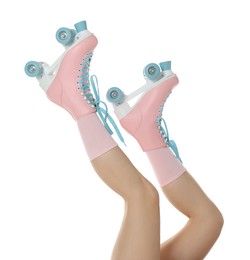 Photo of Woman in roller skates on white background, closeup
