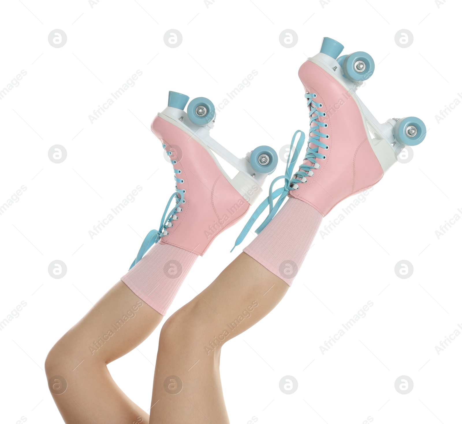Woman in roller skates on white background, closeup Photo of Woman in roller skates on white background, closeup