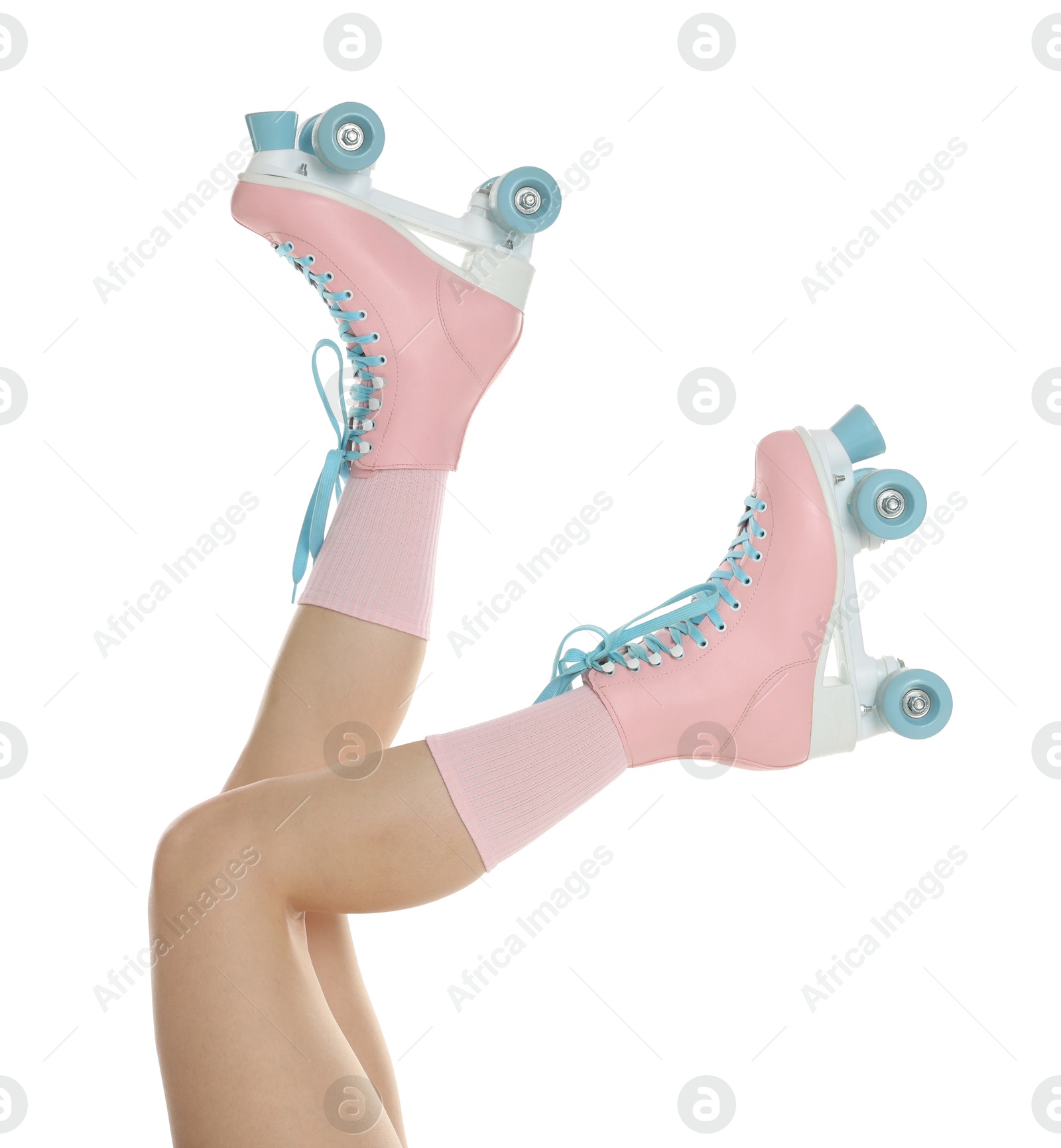 Woman in roller skates on white background, closeup Photo of Woman in roller skates on white background, closeup