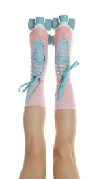 Photo of Woman in roller skates on white background, closeup