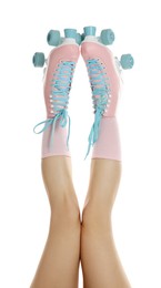 Photo of Woman in roller skates on white background, closeup