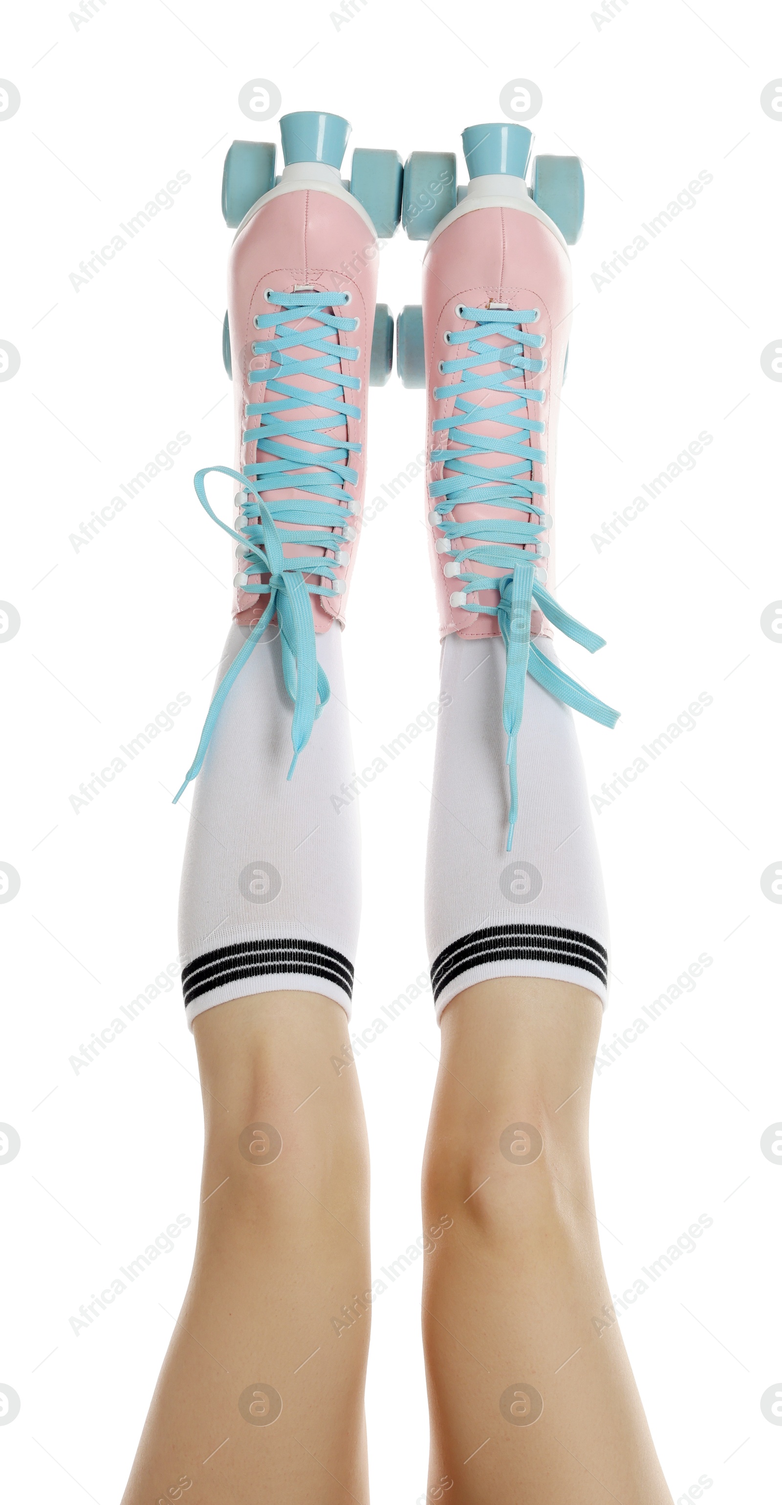 Woman in roller skates on white background, closeup Photo of Woman in roller skates on white background, closeup