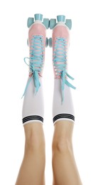 Photo of Woman in roller skates on white background, closeup