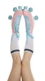 Photo of Woman in roller skates on white background, closeup
