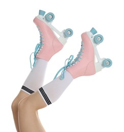 Photo of Woman in roller skates on white background, closeup