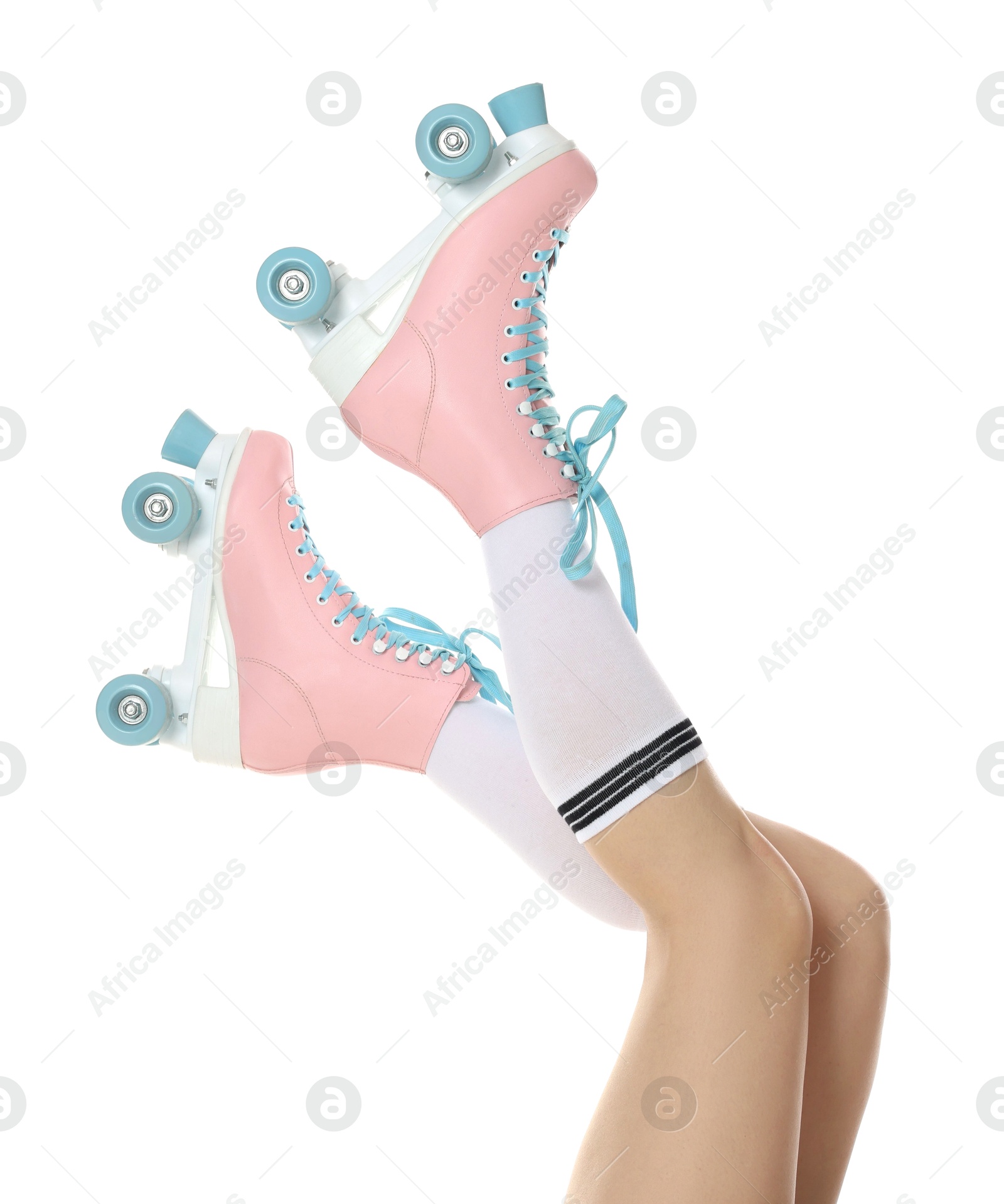 Woman in roller skates on white background, closeup Photo of Woman in roller skates on white background, closeup
