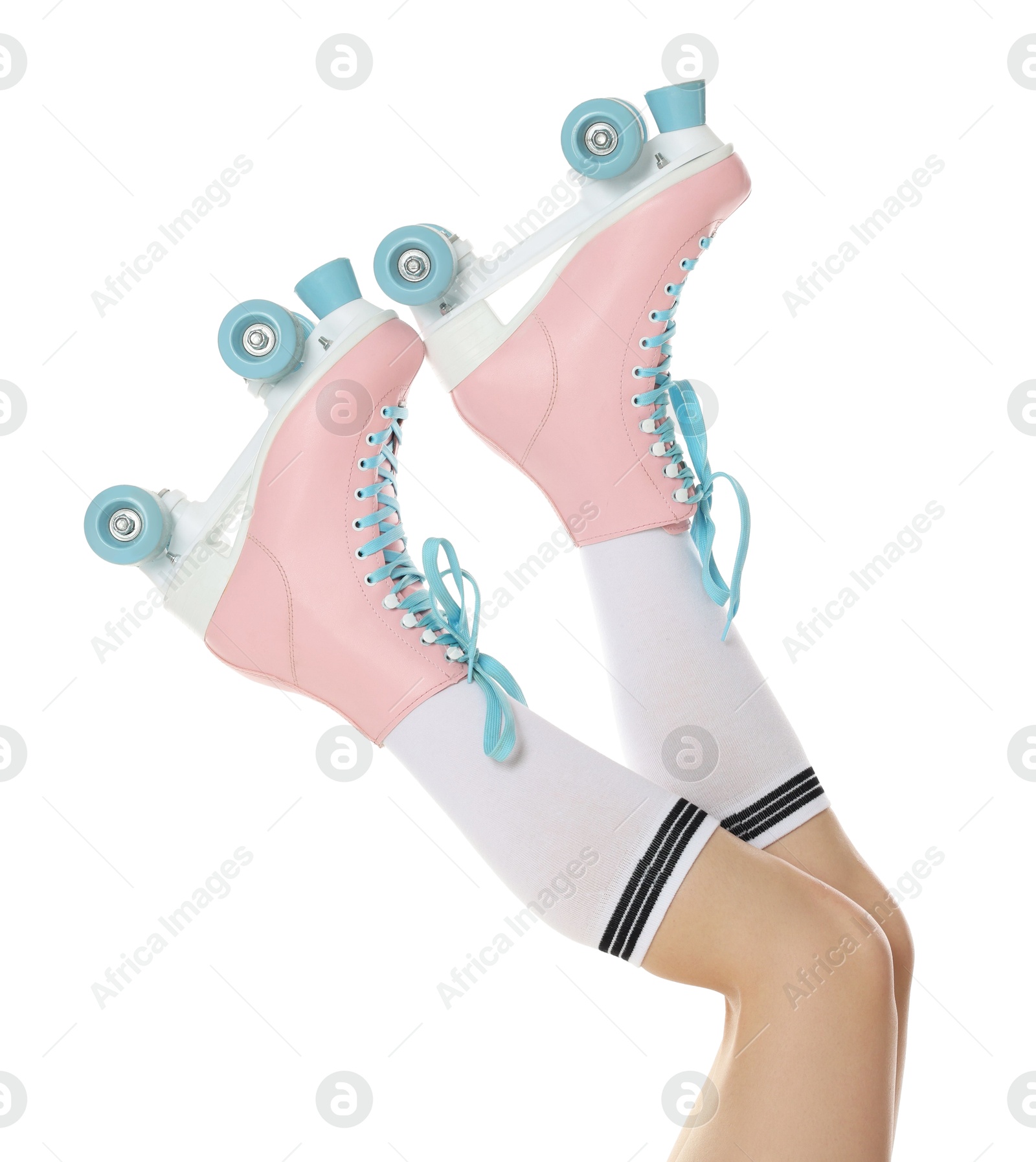 Woman in roller skates on white background, closeup Photo of Woman in roller skates on white background, closeup