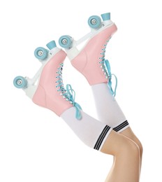 Photo of Woman in roller skates on white background, closeup