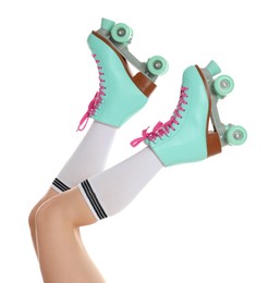 Photo of Woman in roller skates on white background, closeup