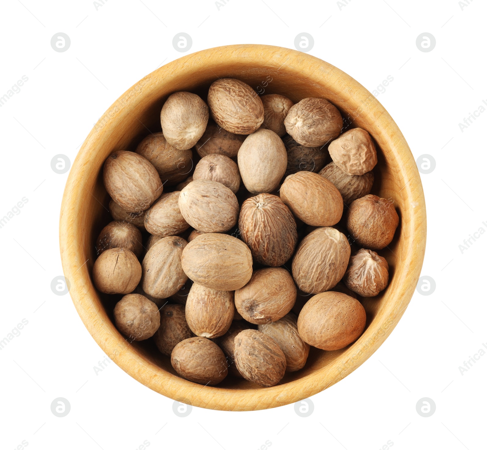 Nutmegs in bowl isolated on white, top view Photo of Nutmegs in bowl isolated on white, top view