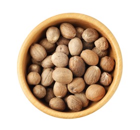Photo of Nutmegs in bowl isolated on white, top view
