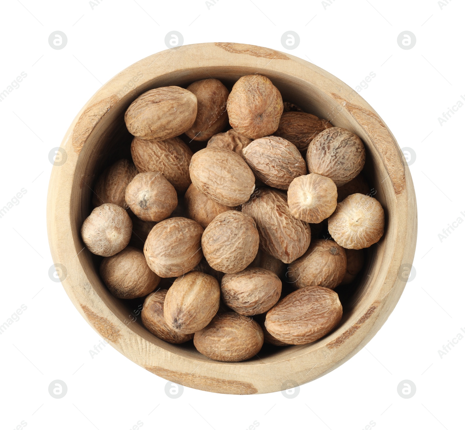 Nutmegs in bowl isolated on white, top view Photo of Nutmegs in bowl isolated on white, top view