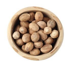 Photo of Nutmegs in bowl isolated on white, top view