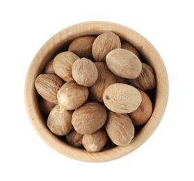 Photo of Nutmegs in bowl isolated on white, top view