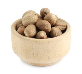 Photo of Fresh nutmegs in bowl isolated on white
