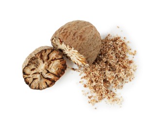 Photo of Halves of nutmeg and powder isolated on white, top view