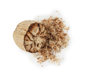 Photo of Half of nutmeg and powder isolated on white, above view