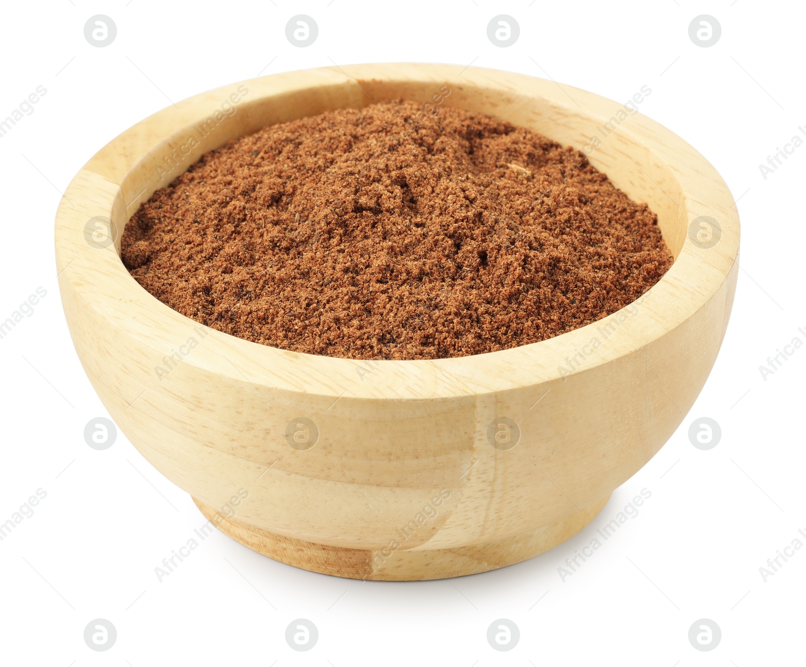 Nutmeg powder in bowl isolated on white Photo of Nutmeg powder in bowl isolated on white