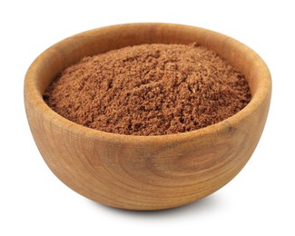Photo of Nutmeg powder in bowl isolated on white