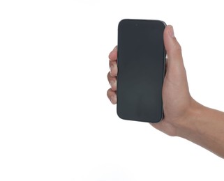 Photo of Man with modern smartphone on white background, closeup. Mockup for design